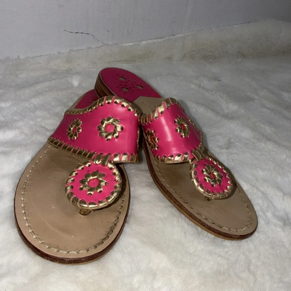 Jack Rogers Pink Gold‎ Leather Preppy Medallion Old Money Sandals Womens Size 5m